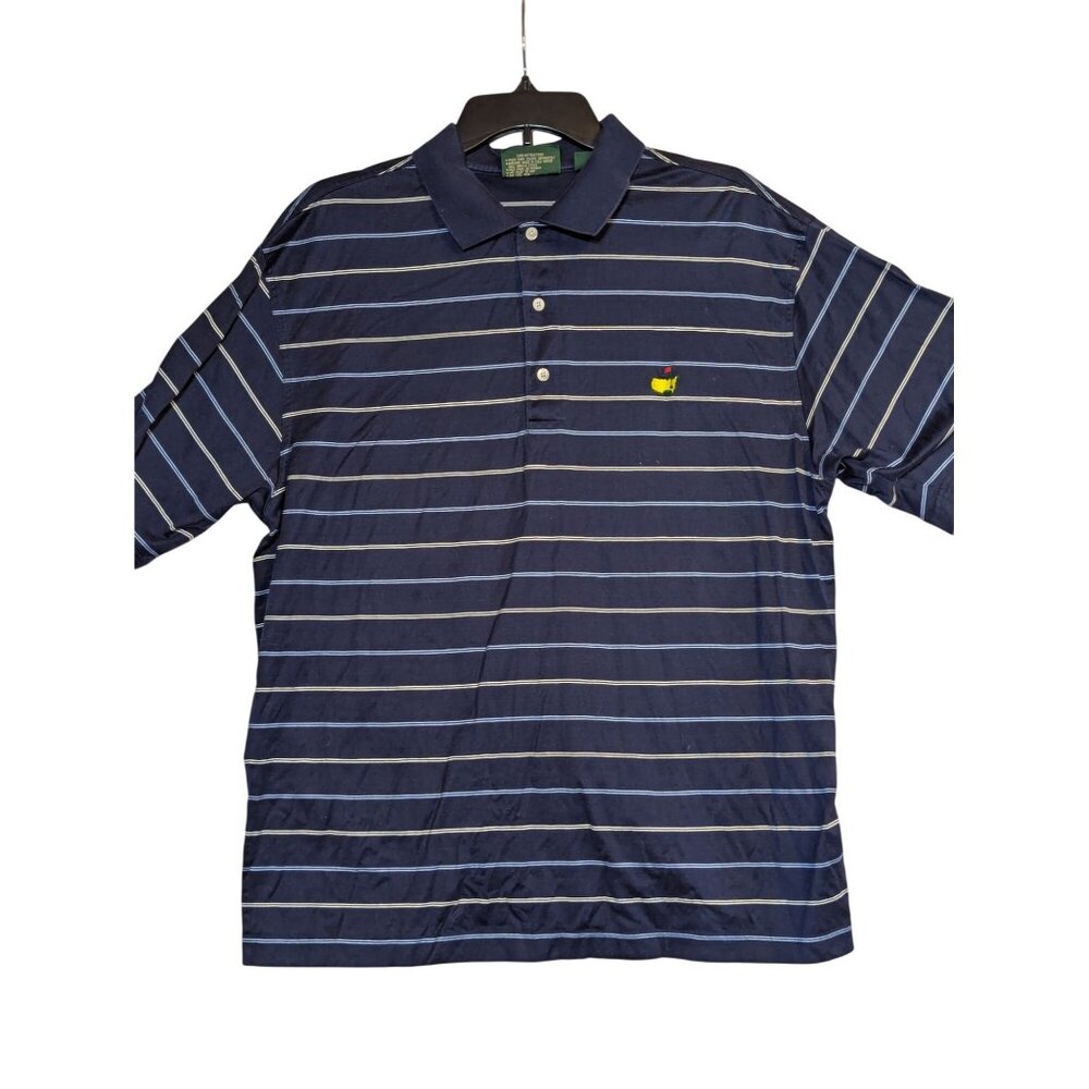 Amen Corner Navy Striped Polo Shirt W/ Masters Golf Logo Cotton Mens L